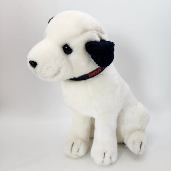 Vintage RCA Nipper Dog Plush 11" White Fur Tilted Head Dakin 1980 Stuffed Animal - Picture 1 of 10